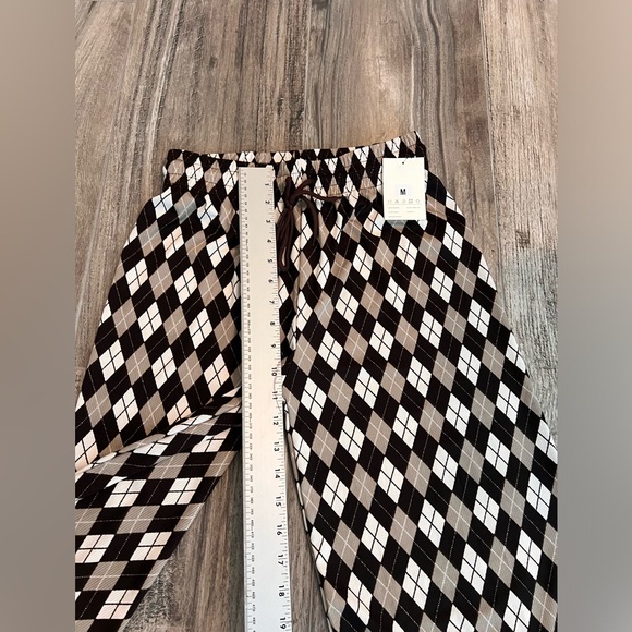Nunu Yong M Women Brown Argyle Plaid Lounge Pant Wide Leg Drawstring Stretch #68 - Picture 3 of 7